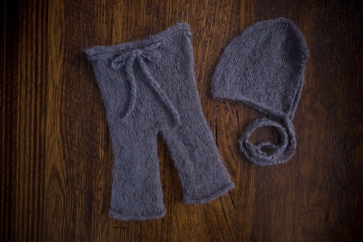 1013b Classic Knit Long Pants and Bonnet Dark Grey (newborn) - Little Love Boxes