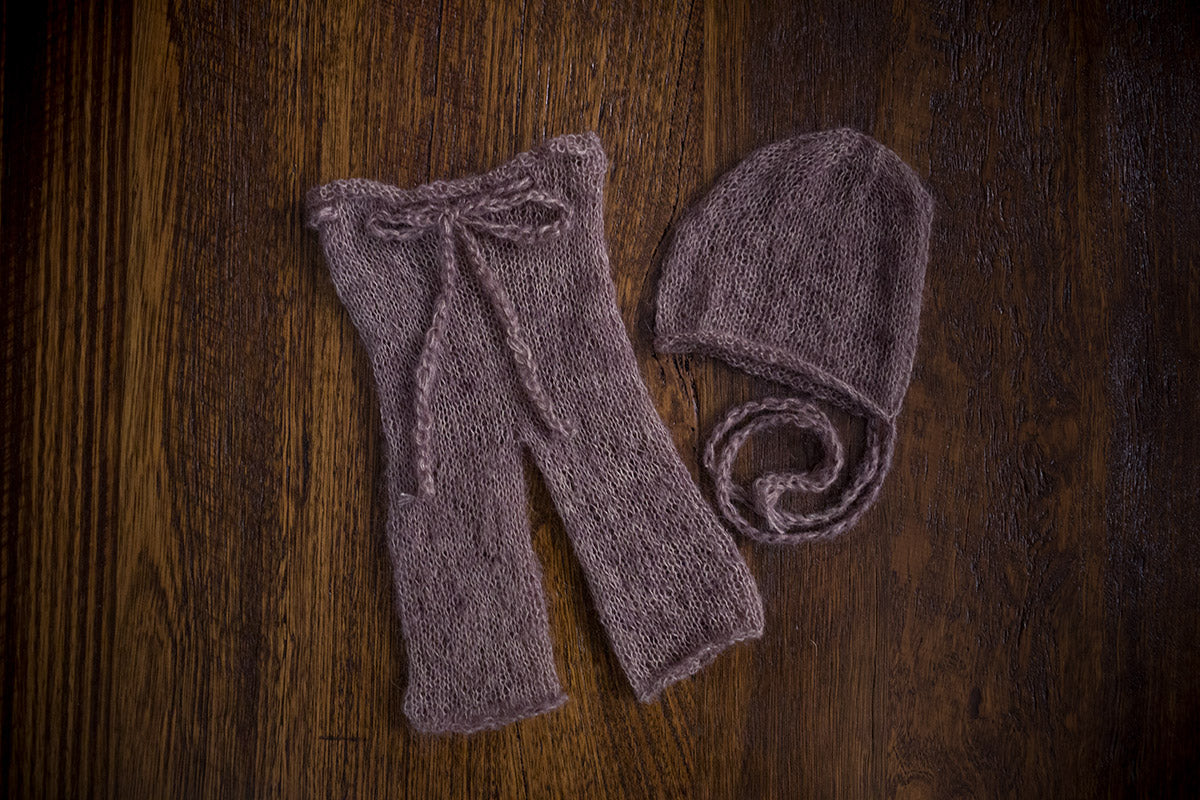 1013a Classic Knit Long Pants and Bonnet Taupe (newborn) - Little Love Boxes