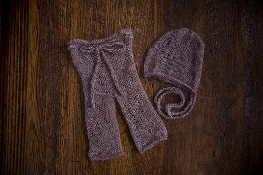 1013a Classic Knit Long Pants and Bonnet Taupe (newborn) - Little Love Boxes