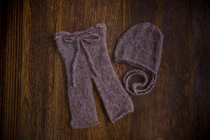 1013a Classic Knit Long Pants and Bonnet Taupe (newborn) - Little Love Boxes