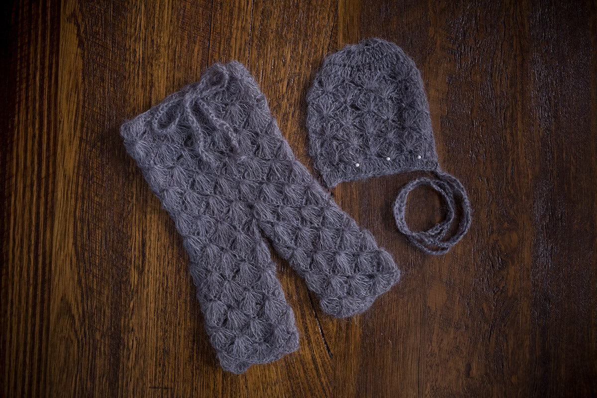 1010 Lace Knit Long Pants and Bonnet Dark Grey (newborn) - Little Love Boxes