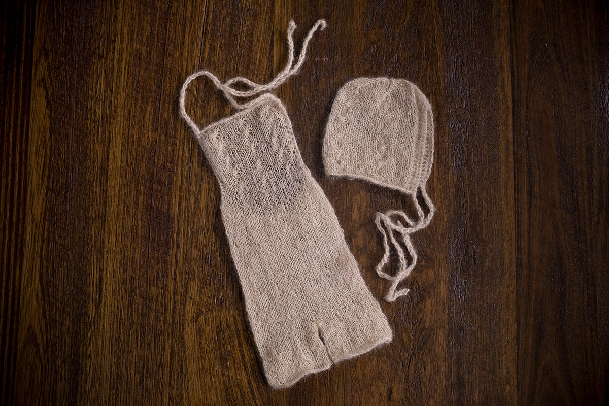 1007 Audrey Knit Romper and Bonnet Beige (newborn) - Little Love Boxes