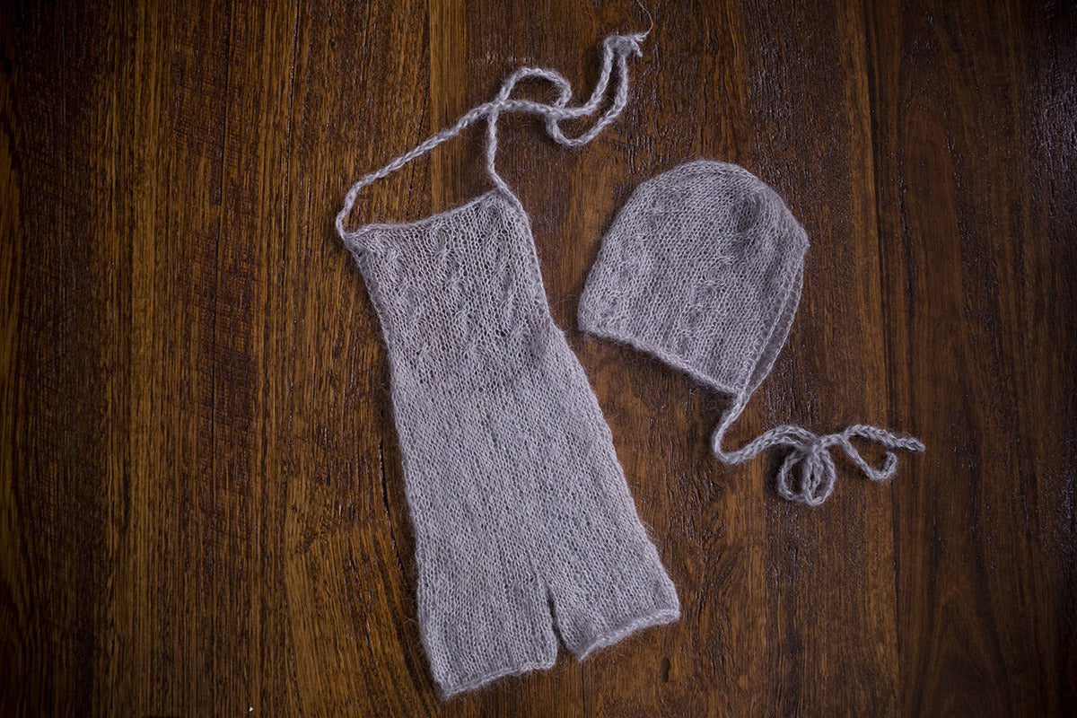 1007b Audrey Knit Romper and Bonnet  Light Grey (newborn) - Little Love Boxes