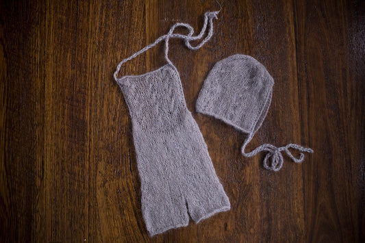 1007b Audrey Knit Romper and Bonnet  Light Grey (newborn) - Little Love Boxes