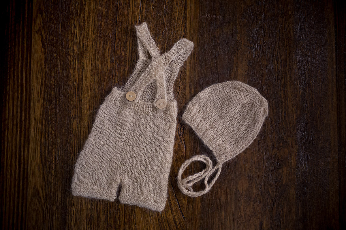 1005 Cross Back Knit Romper and Rib Front Bonnet Beige (newborn) - Little Love Boxes