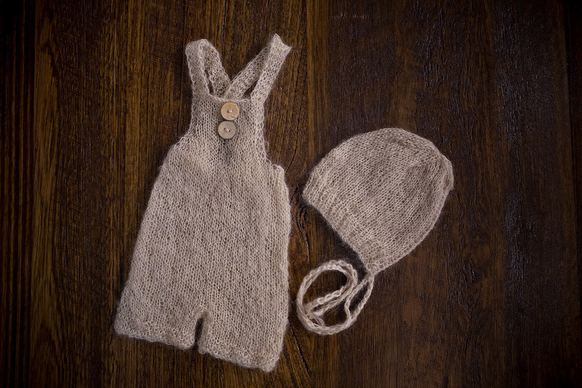 1005 Cross Back Knit Romper and Rib Front Bonnet Beige (newborn) - Little Love Boxes