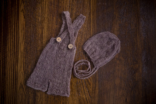 1005a Cross Back Knit Romper and Rib Front Bonnet Taupe (newborn) - Little Love Boxes
