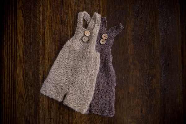 1005a Cross Back Knit Romper and Rib Front Bonnet Taupe (newborn) - Little Love Boxes