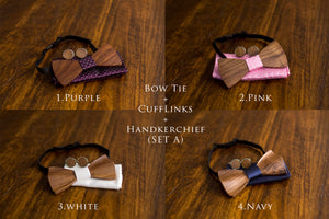 3003 Wooden Bow Tie with cufflinks and handkerchief - Little Love Boxes