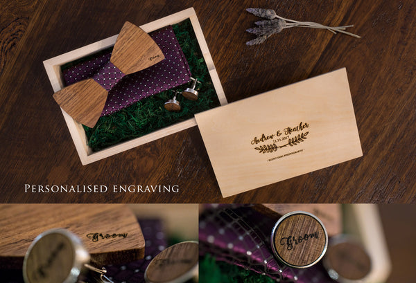 3003 Wooden Bow Tie with cufflinks and handkerchief - Little Love Boxes